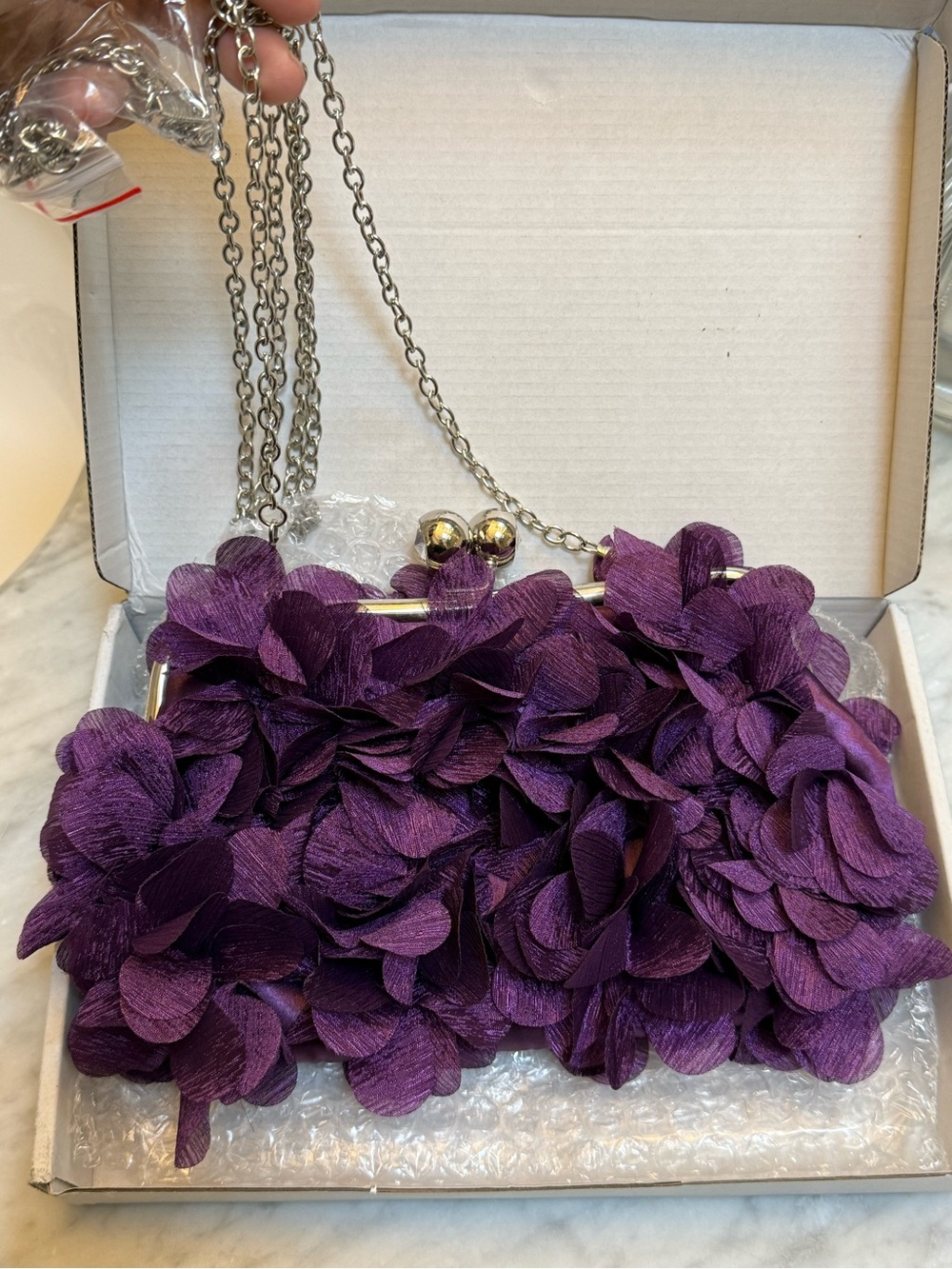 Elegant Purple Floral Appliqué Evening Clutch with Chain Handle - Picture 6 of 13